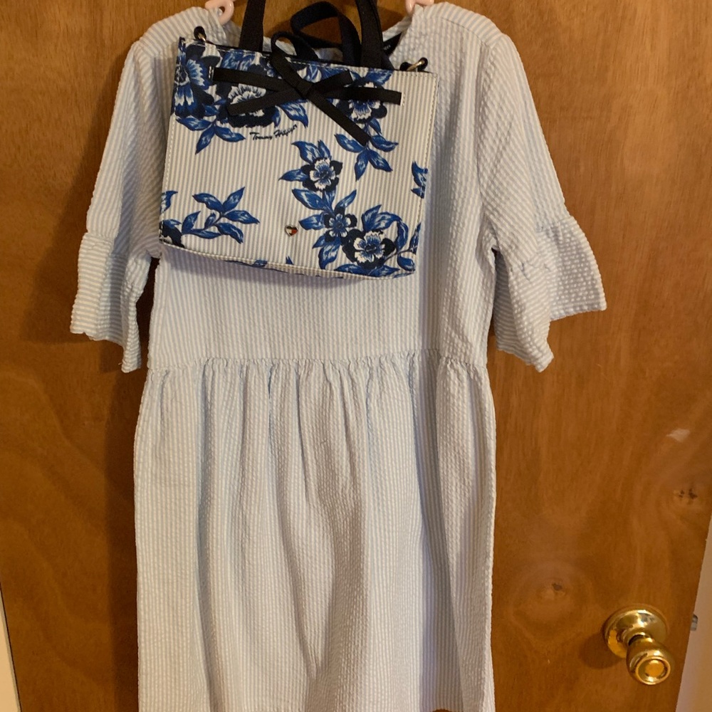 Tommy Hilfiger set - Blue and White seersucker cotton Kids Dress w. Purse match
